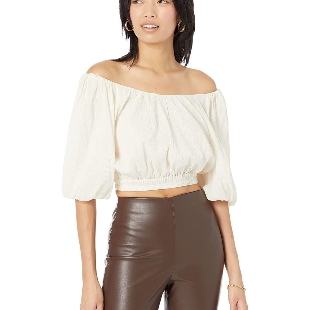 MANGO Cropped Puff Sleeve Biel-H Blouse Size Medium